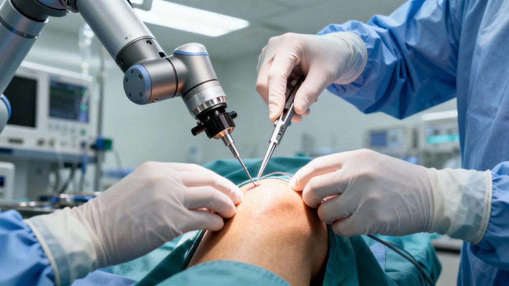 Robotic arm assisting in knee replacement surgery.