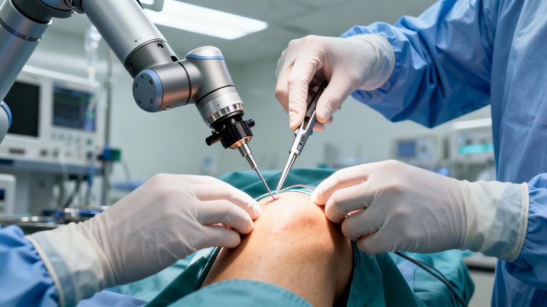 Robotic arm assisting in knee replacement surgery.