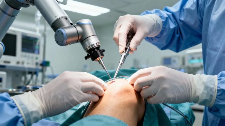 Robotic arm assisting in knee replacement surgery.