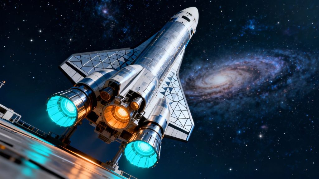 Astrobotic rocket ready for launch in starry night sky.