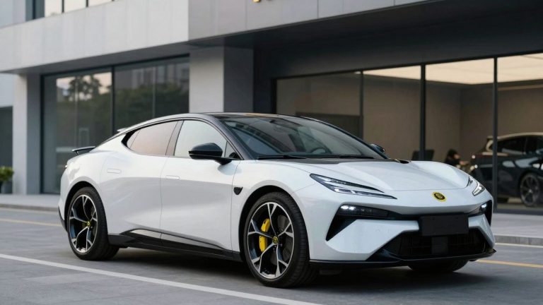 Lotus electric car at a modern facility.