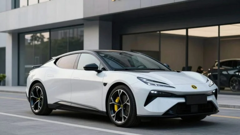 Lotus electric car at a modern facility.