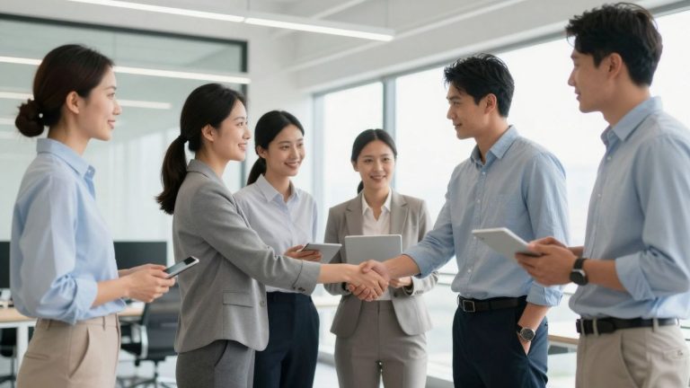 Business professionals collaborating in a modern office environment.