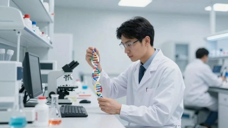 Scientists working with DNA in a modern lab.
