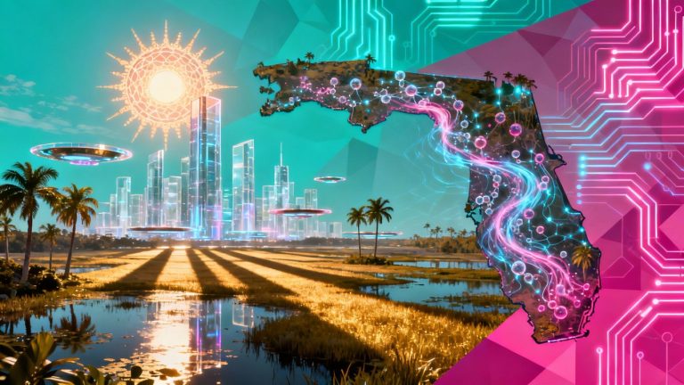 Florida's quantum technology initiative with futuristic cityscape.