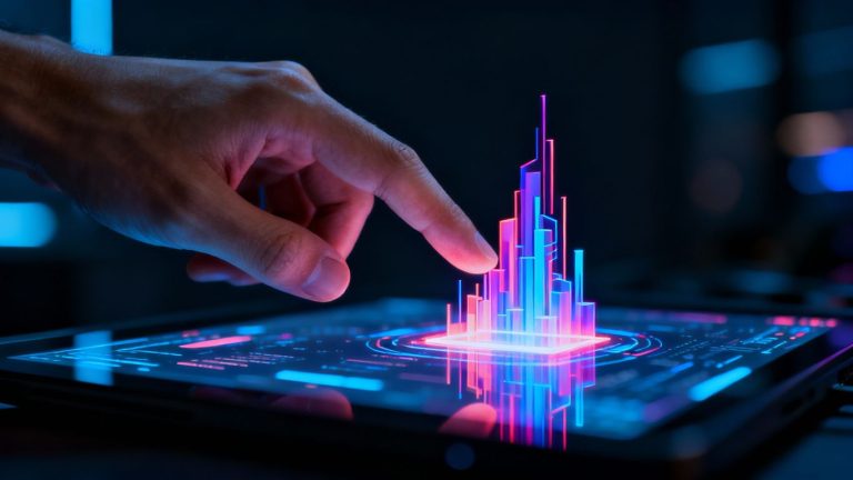 Hand touching a 3D graphic on a haptic display.
