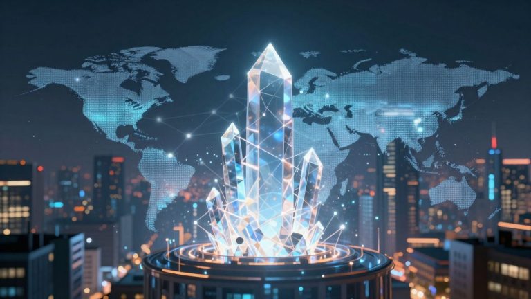 Futuristic blockchain cityscape with glowing interconnected nodes.