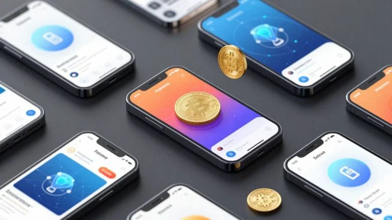 Smartphone crypto wallet apps with digital coins and blockchain patterns.