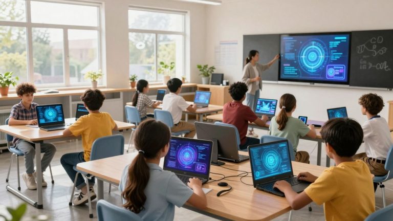 Students using futuristic educational technology in a modern classroom.