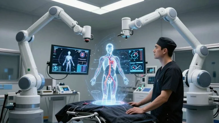 Futuristic operating room with robotic arms and holographic medical displays.