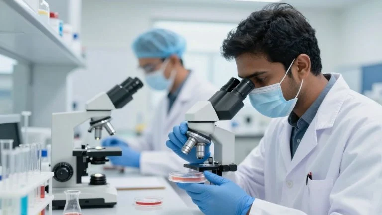 Scientist working in a modern laboratory with equipment.