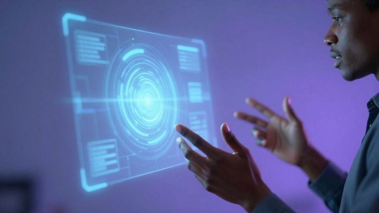 Person speaking to a glowing AI interface.