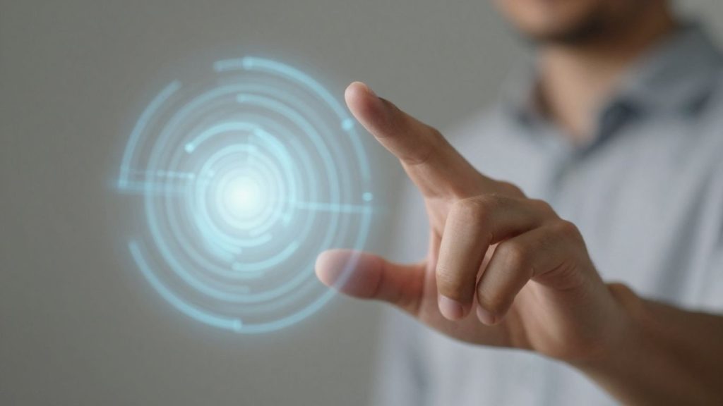 Human hand interacting with futuristic AI interface.