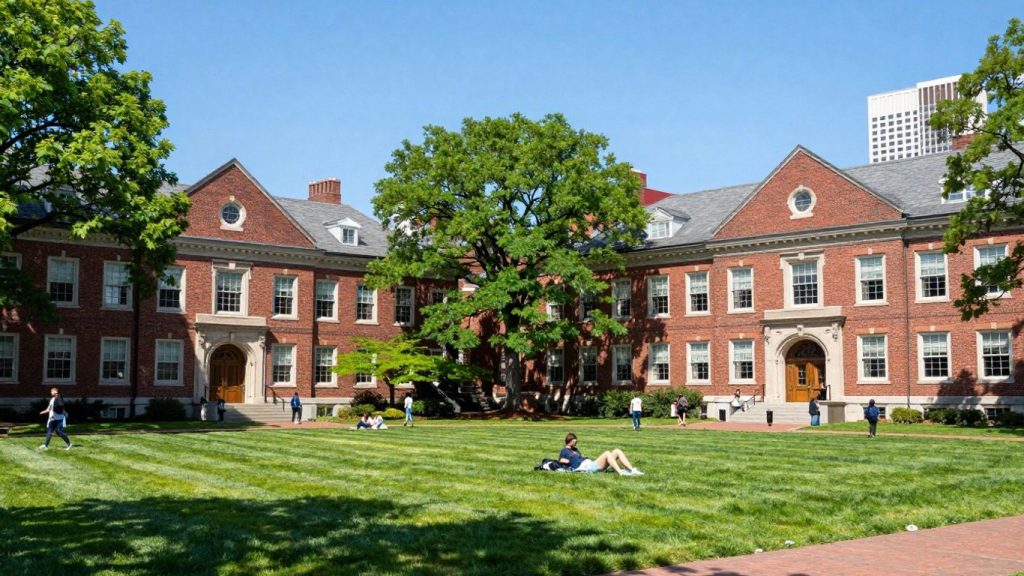Stevens Institute historic campus with students and skyline