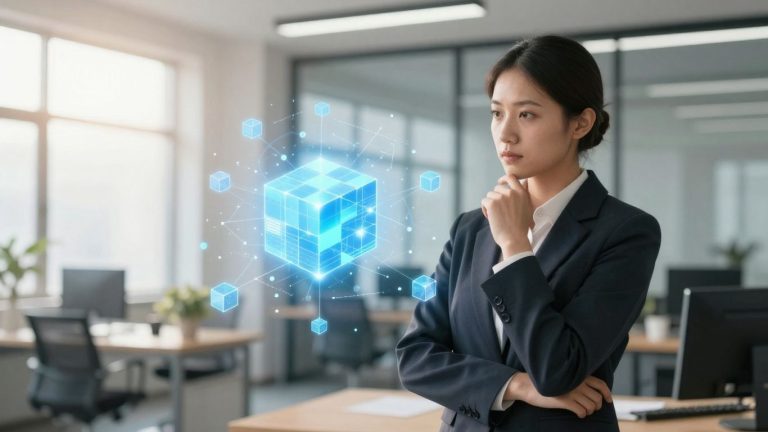 Business professional interacting with a digital blockchain network visualization.