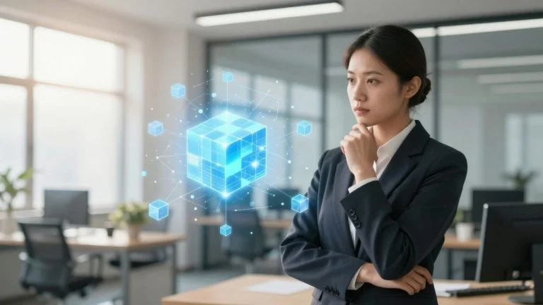 Business professional interacting with a digital blockchain network visualization.