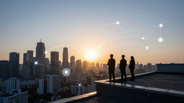 Cityscape with digital connections, symbolizing business growth.