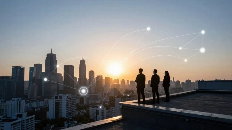 Cityscape with digital connections, symbolizing business growth.