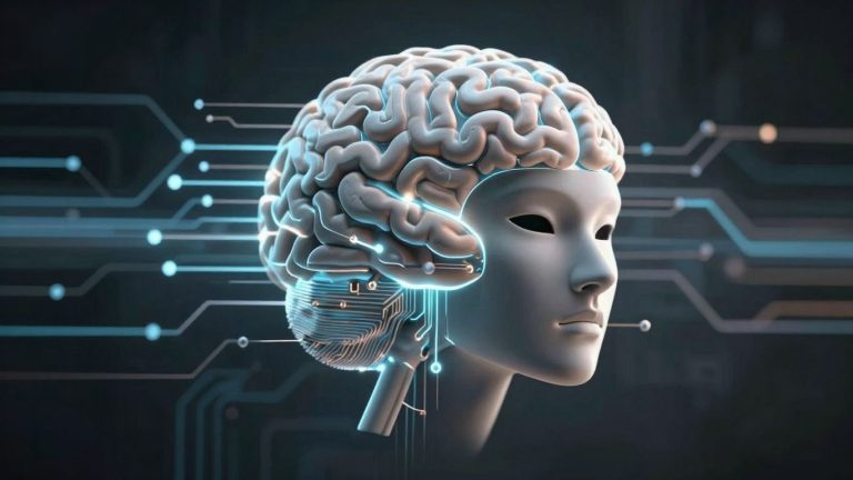 AI brain with a mask, digital circuits, data flow