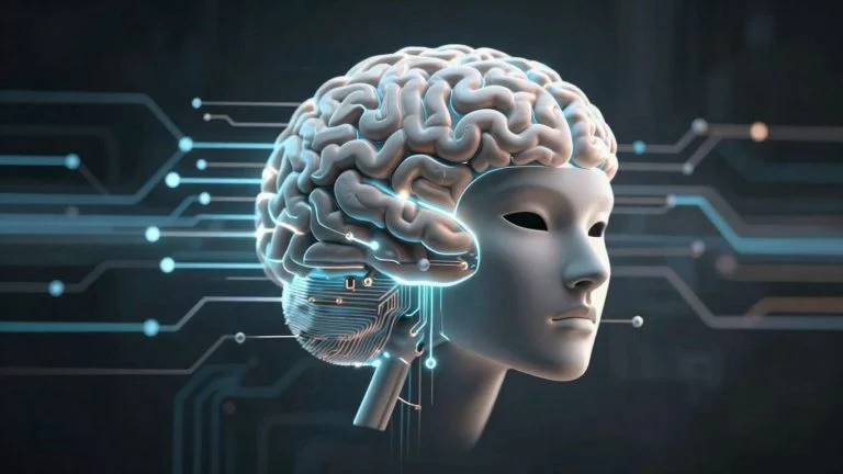 AI brain with a mask, digital circuits, data flow