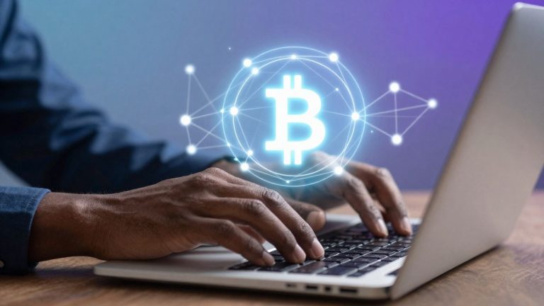 Hands typing on a laptop with a blockchain graphic.