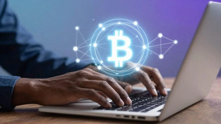Hands typing on a laptop with a blockchain graphic.