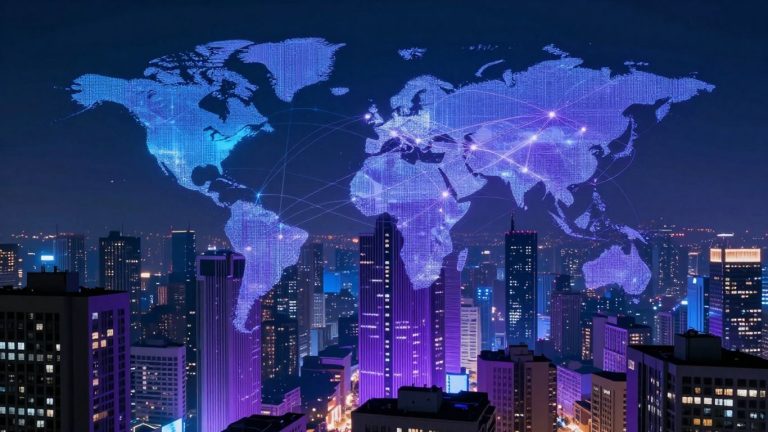 Futuristic cityscape with glowing digital data streams.