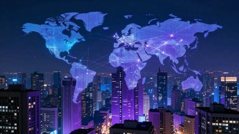 Futuristic cityscape with glowing digital data streams.