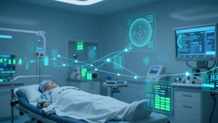 Futuristic healthcare with blockchain connections.