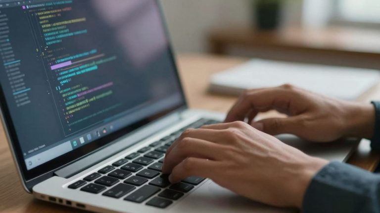 Hands coding on a laptop with digital patterns on screen.