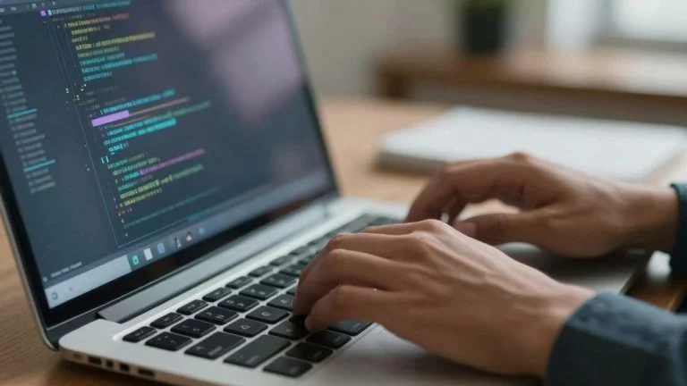 Hands coding on a laptop with digital patterns on screen.