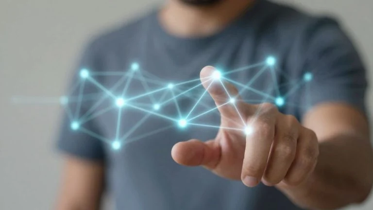 Human hand touching a digital AI network