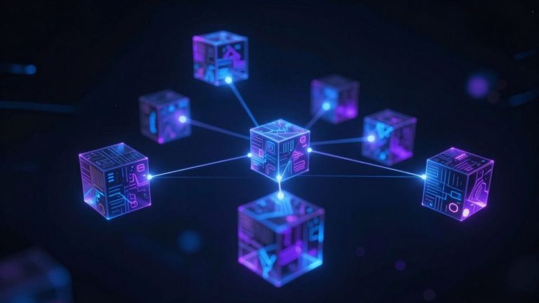 Interconnected digital blocks forming a blockchain network.