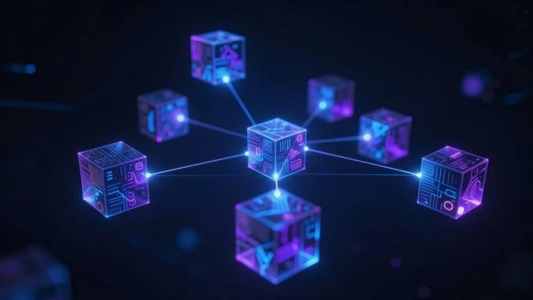 Interconnected digital blocks forming a blockchain network.