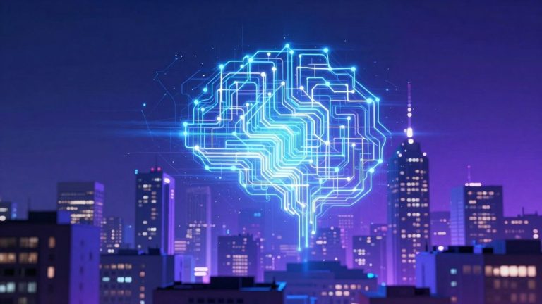 AI neural network patterns over futuristic cityscape