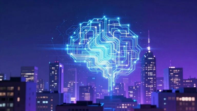 AI neural network patterns over futuristic cityscape