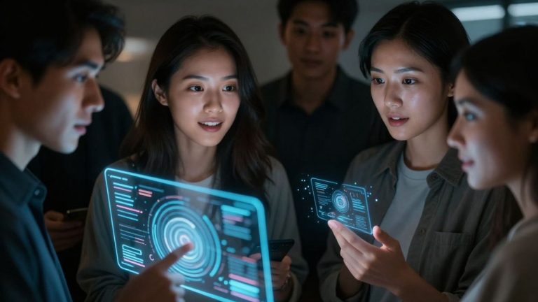 People interacting with glowing AI chat interfaces.