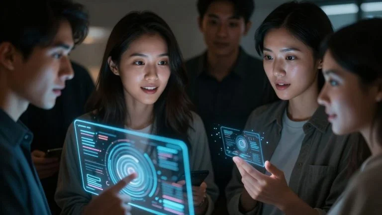 People interacting with glowing AI chat interfaces.