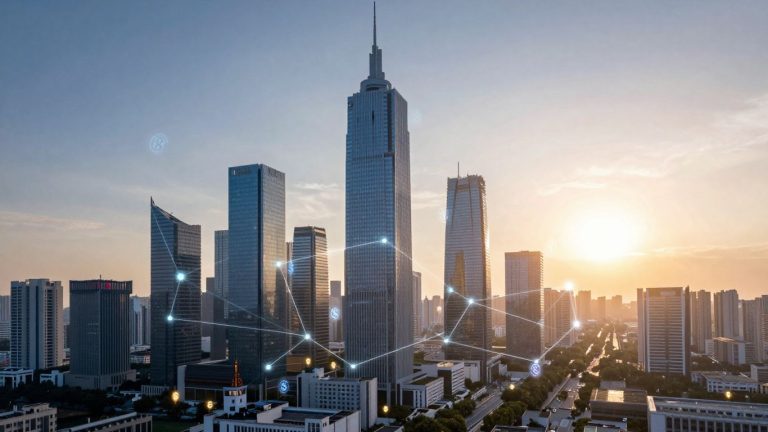 Futuristic blockchain cityscape with glowing network lines and digital currency symbols.