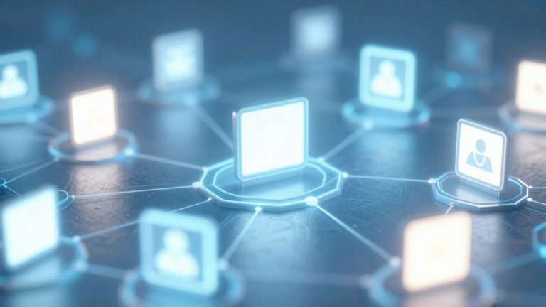 Blockchain and advertising icons merging in a futuristic digital network.