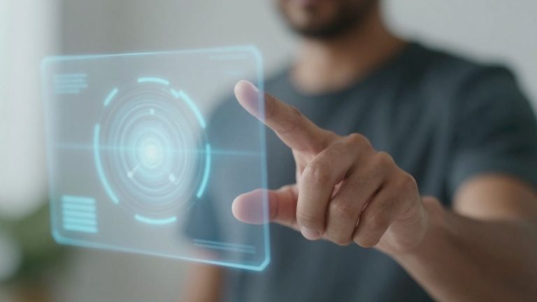 Human hand interacting with futuristic AI interface.