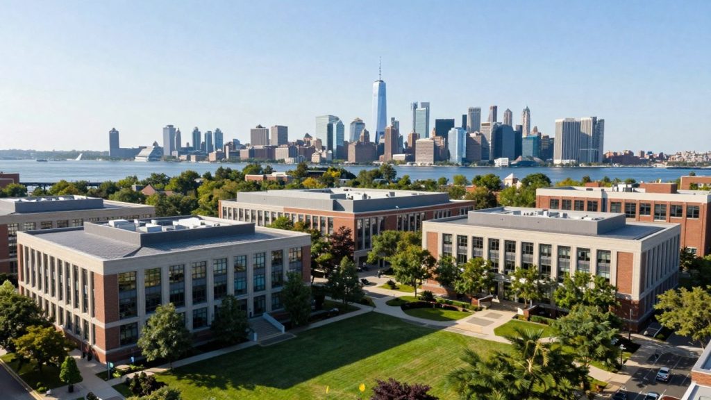 Stevens Institute of Technology campus with NYC skyline.