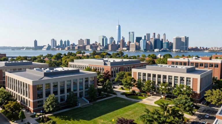 Stevens Institute of Technology campus with NYC skyline.