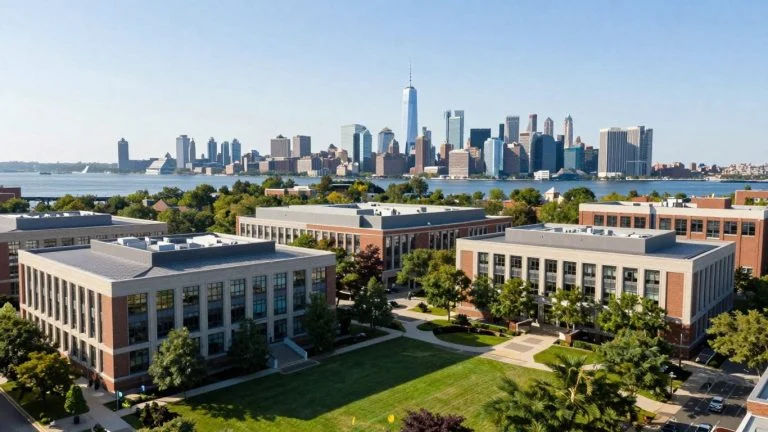 Stevens Institute of Technology campus with NYC skyline.