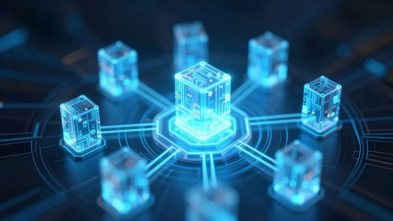 Interconnected digital blocks forming a blockchain network.