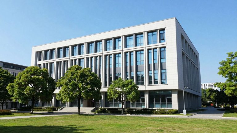 Stevens Institute of Technology campus building and greenery.