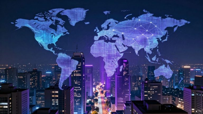 Futuristic cityscape with glowing digital data streams.