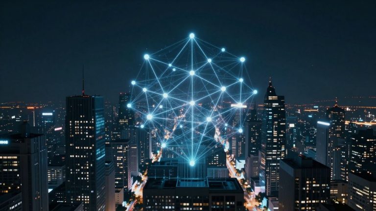 Futuristic cityscape with blockchain network above.