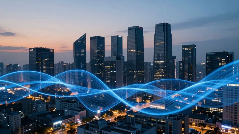 JPMorgan Chase building with glowing blockchain lines.