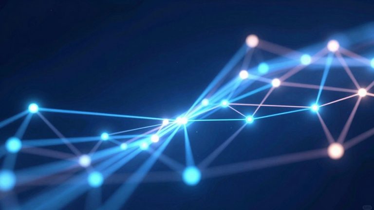 Abstract digital network with glowing nodes and connecting lines.